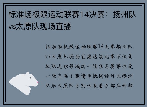 标准场极限运动联赛14决赛：扬州队vs太原队现场直播
